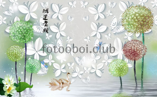 одуванчики, бабочки, цветы, лебеди, 3д, 3d